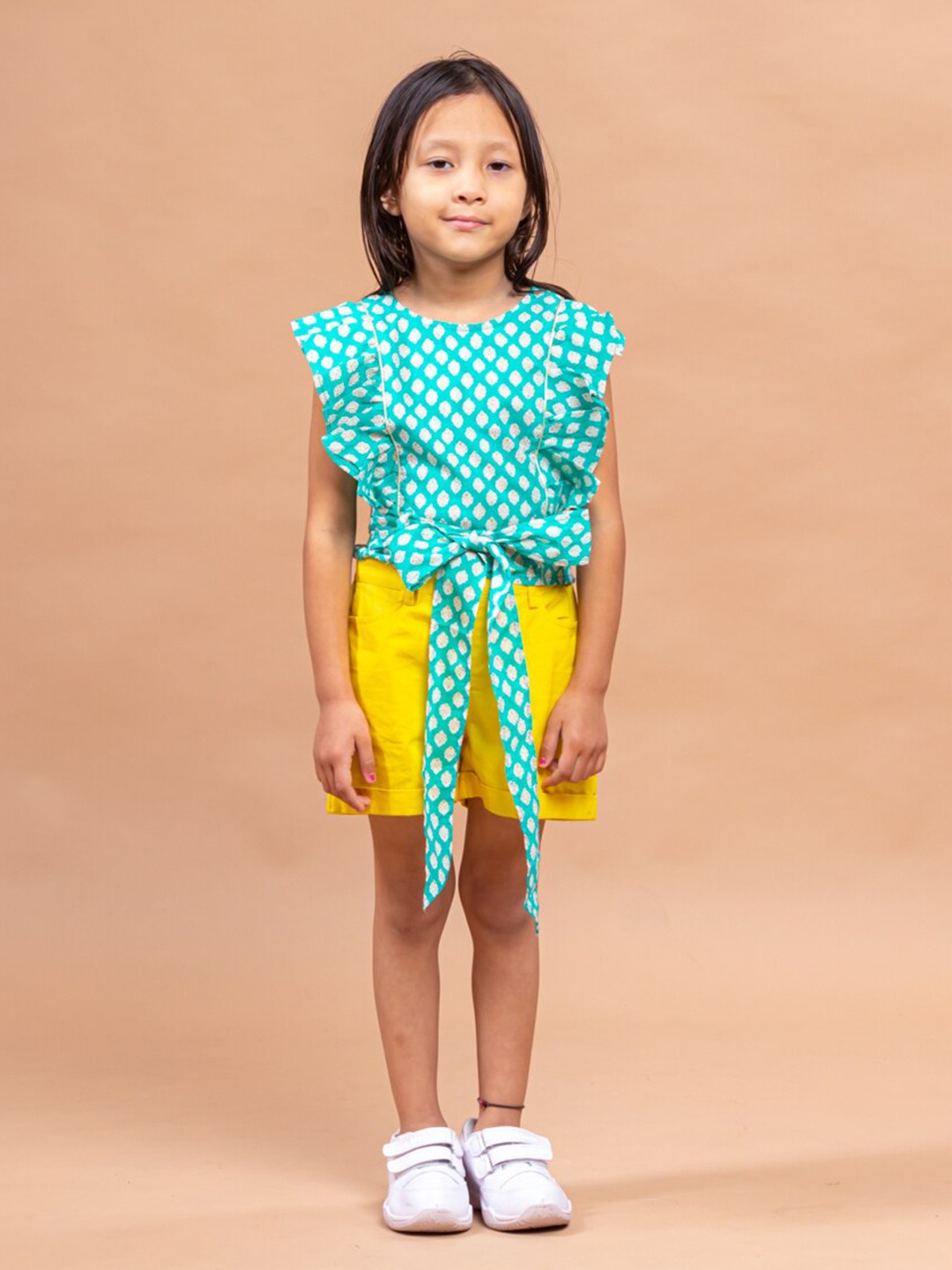 

Sangria Blue & White Floral Printed Cotton Ruffles Top