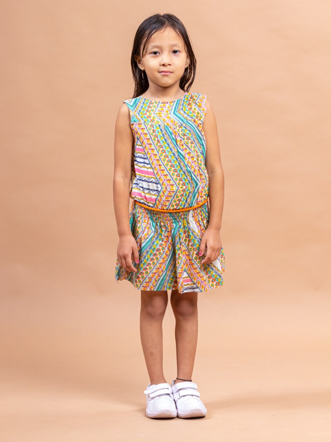 

Sangria Blue Tribal Printed Sleeveless Tie-Ups Cotton Dress