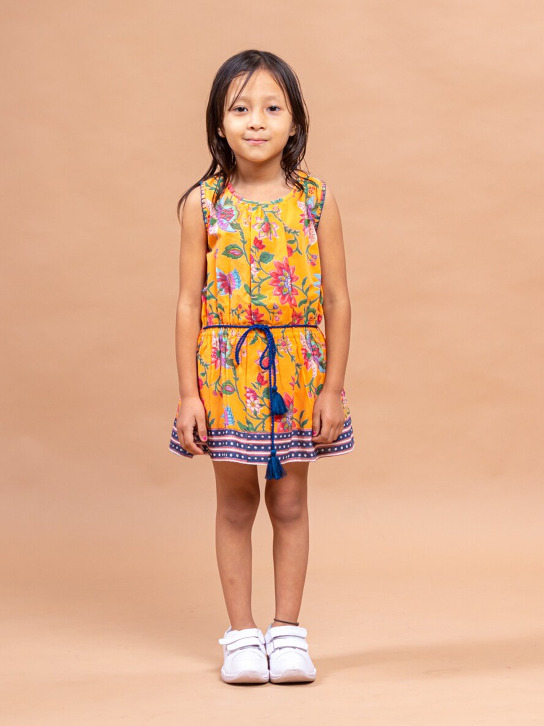 

Sangria Girls Orange Floral Printed Pure Cotton A-line Mini Dress