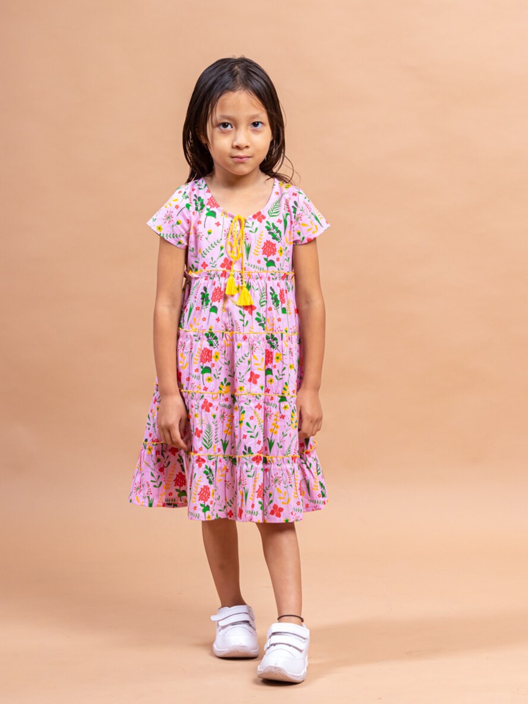 

Sangria Girls Pink Floral Printed Tiered Pure Cotton A-line Midi Dress