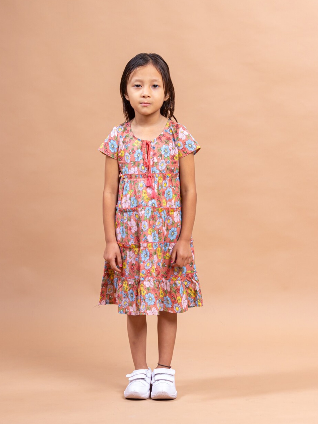 

Sangria Girls Peach coloured Floral Printed Tiered Pure Cotton A-line Midi Dress