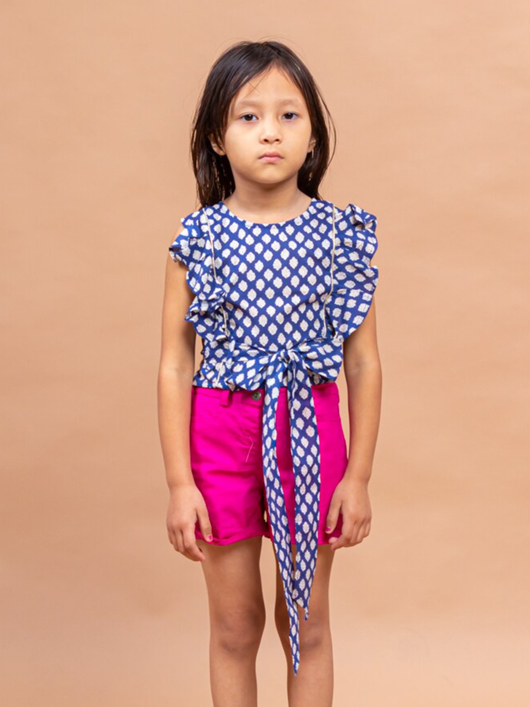 

Sangria Girls Blue & White Polka Dots Printed Ruffled Pure Cotton Top