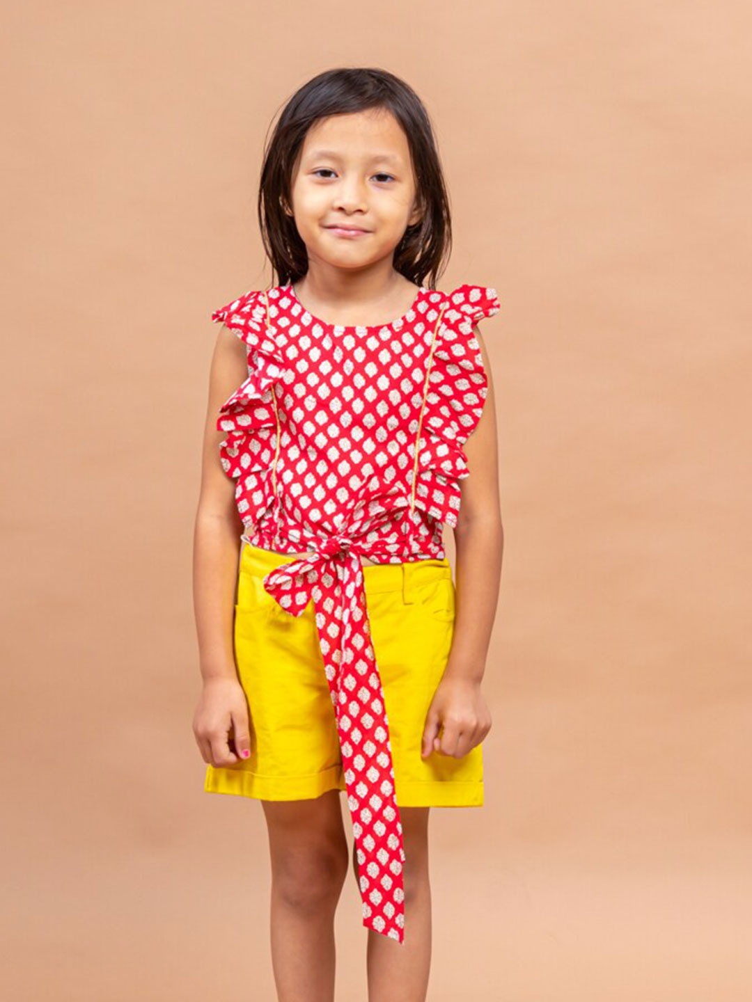 

Sangria Girls Red & White Polka Dots Printed Ruffled Pure Cotton Top