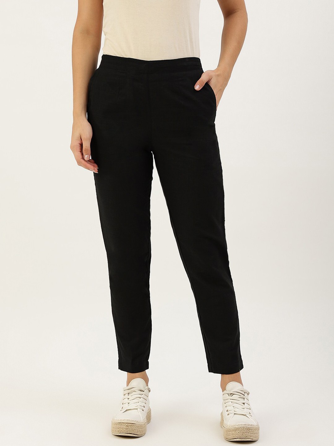 

Lokatita Women Mid-Rise Cotton Trouser, Black