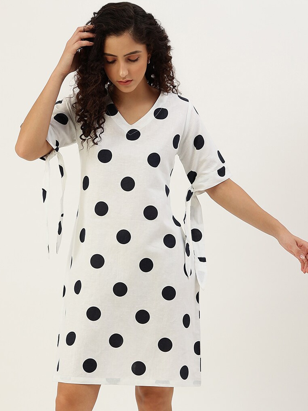 

Lokatita Polka Dots Printed Tie-Ups Cotton A-Line Dress, White