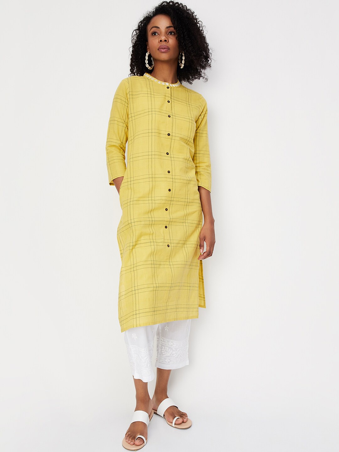 

max Checked Straight Kurta, Yellow