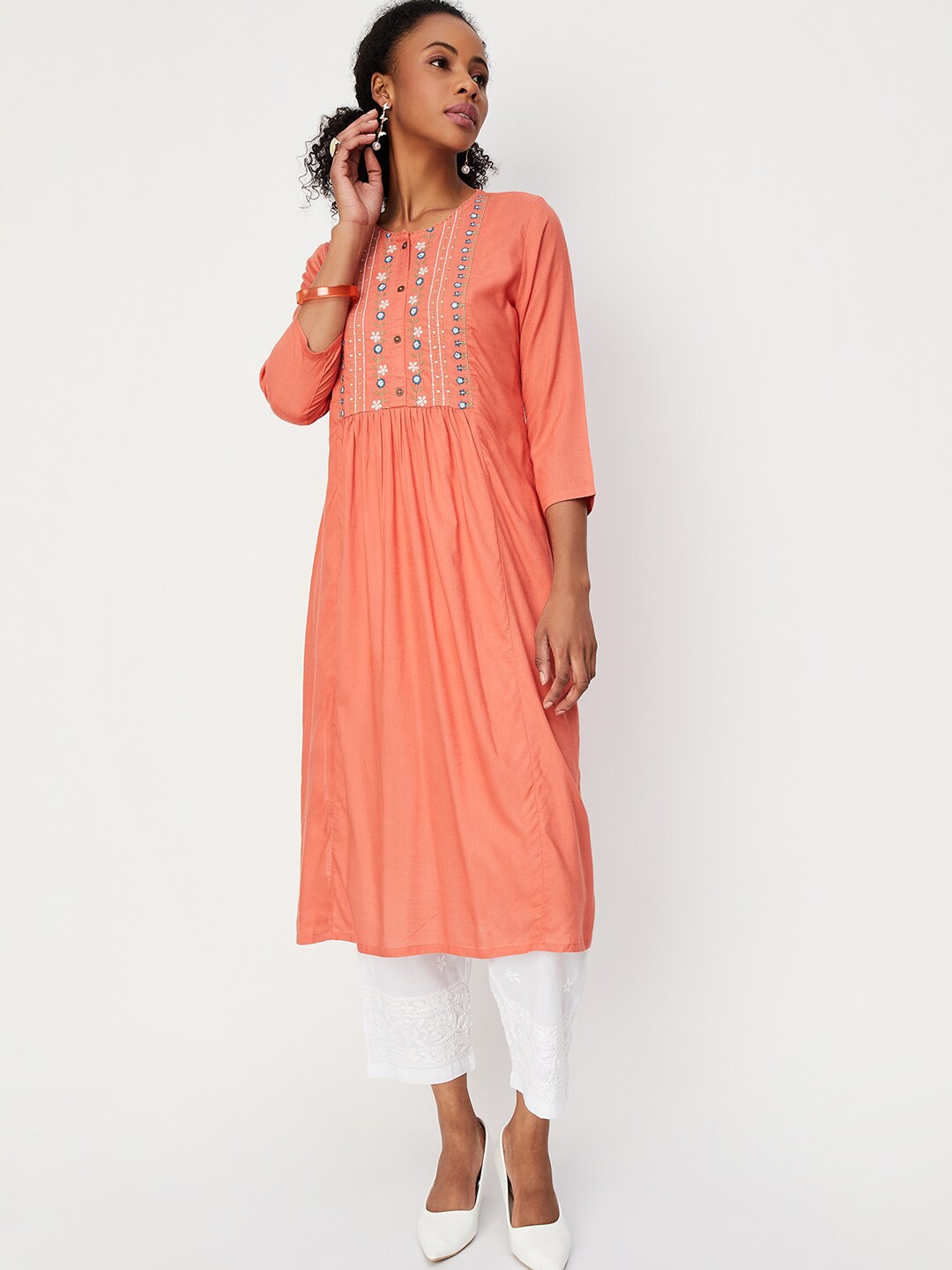 

max Floral Embroidered A-line Kurta, Orange