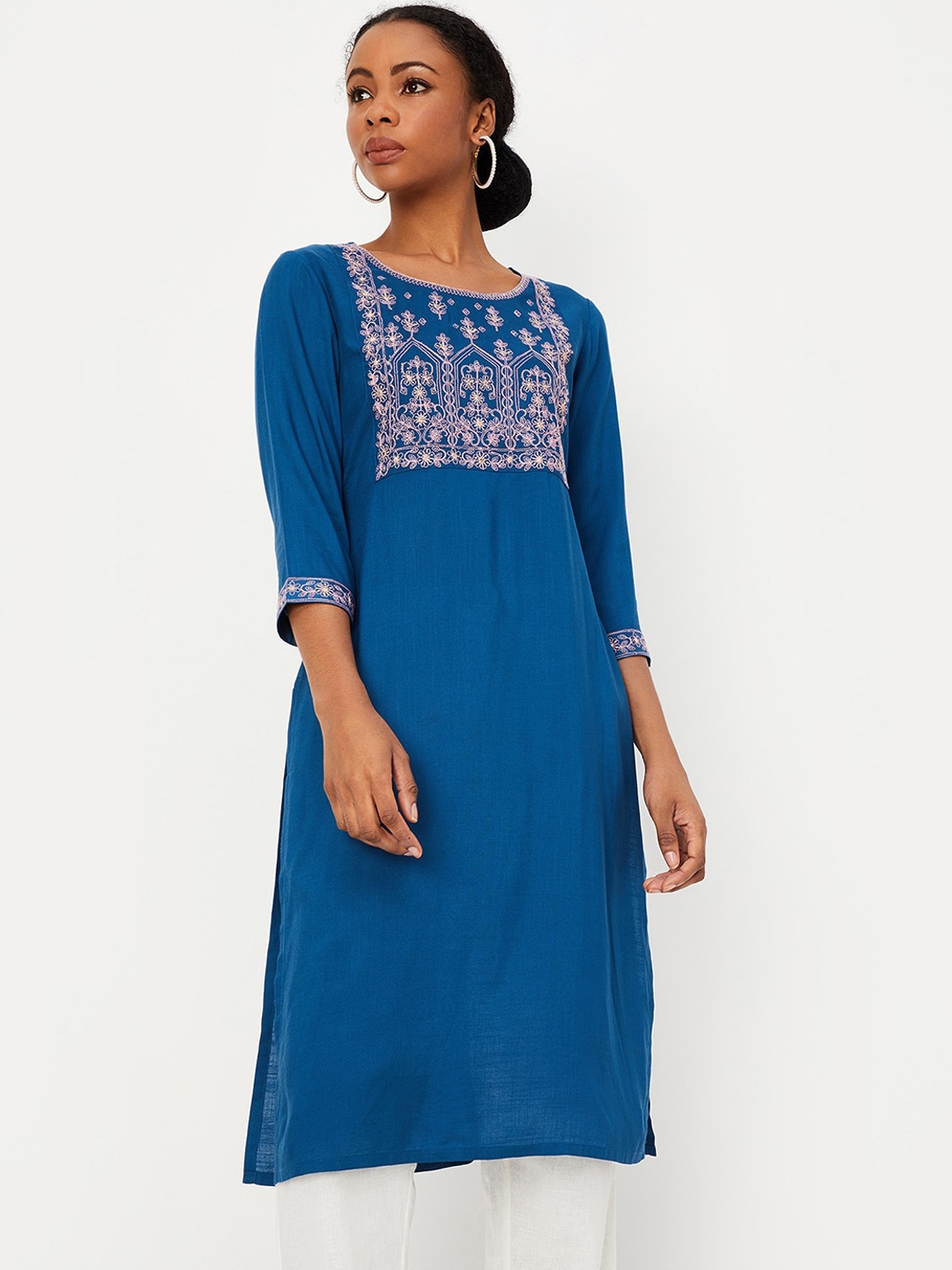 max Floral Yoke Design Straight Kurta, Blue
