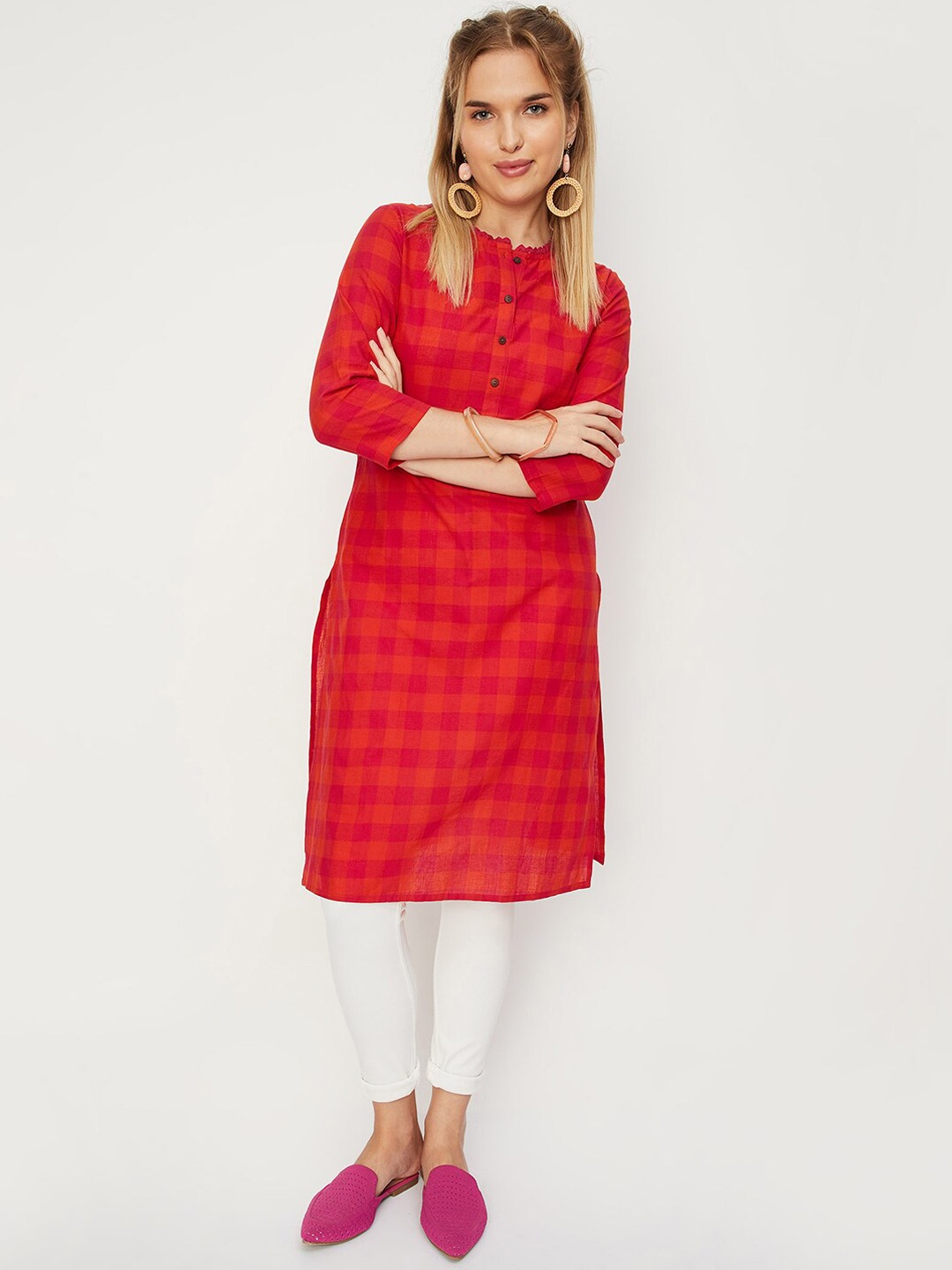 

max Checked Straight Kurta, Red