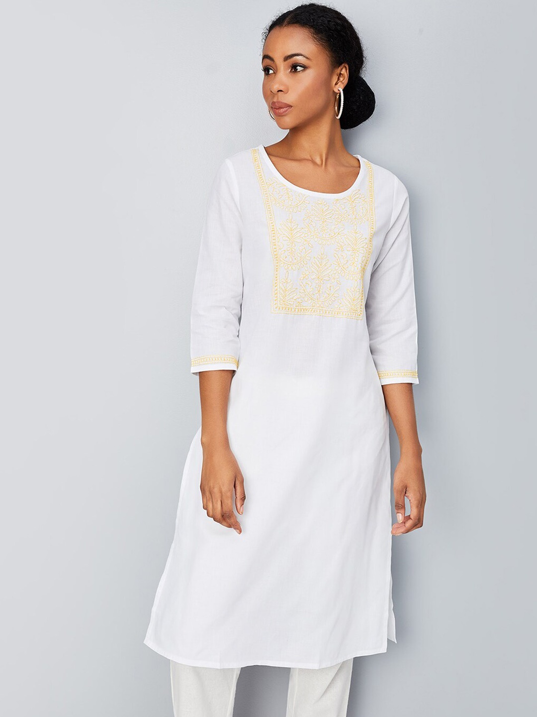 

max Floral Yoke Design Thread Work Straight Kurta, Beige