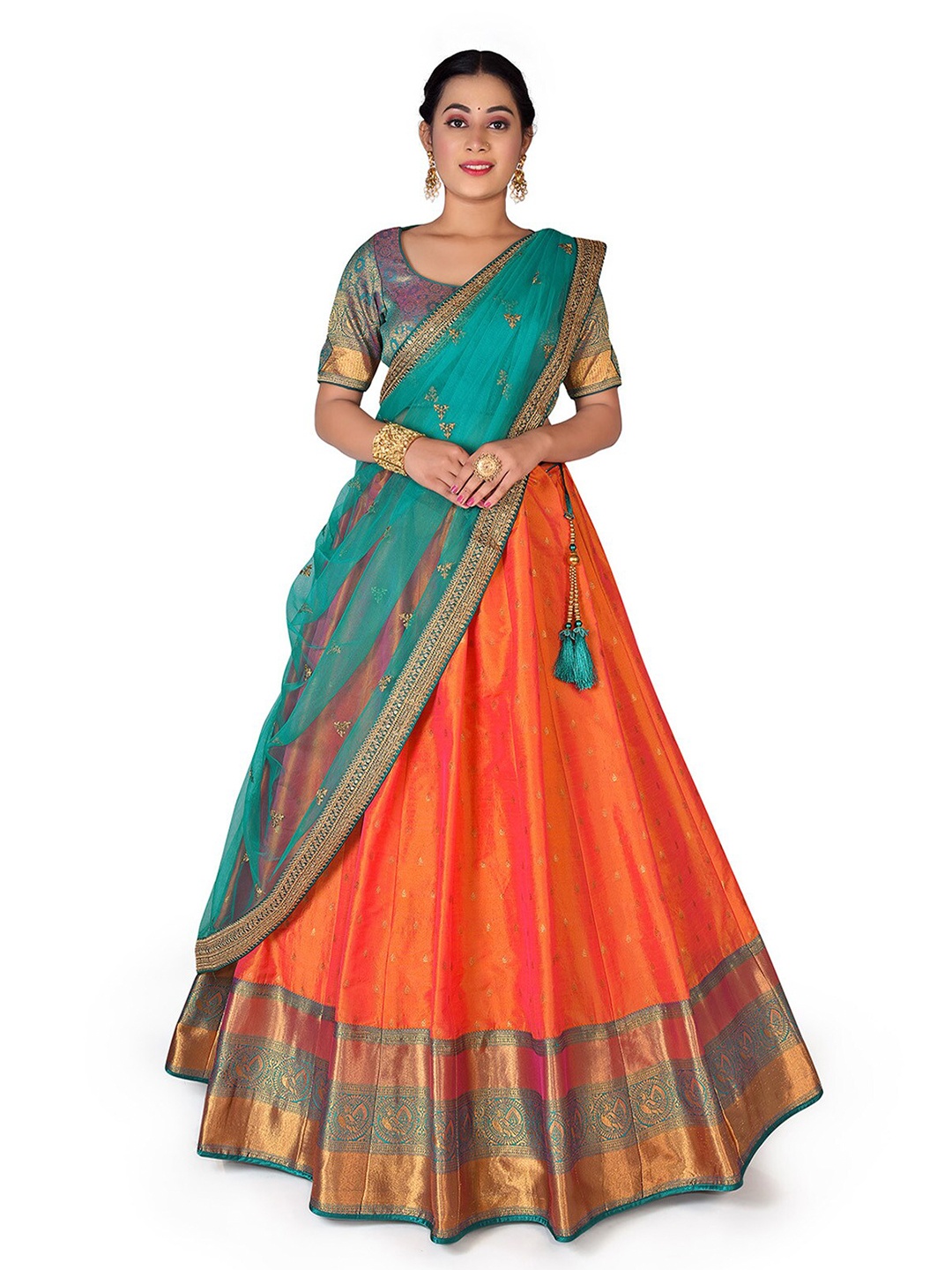 

HALFSAREE STUDIO Orange & Green Semi-Stitched Lehenga & Unstitched Blouse With Dupatta