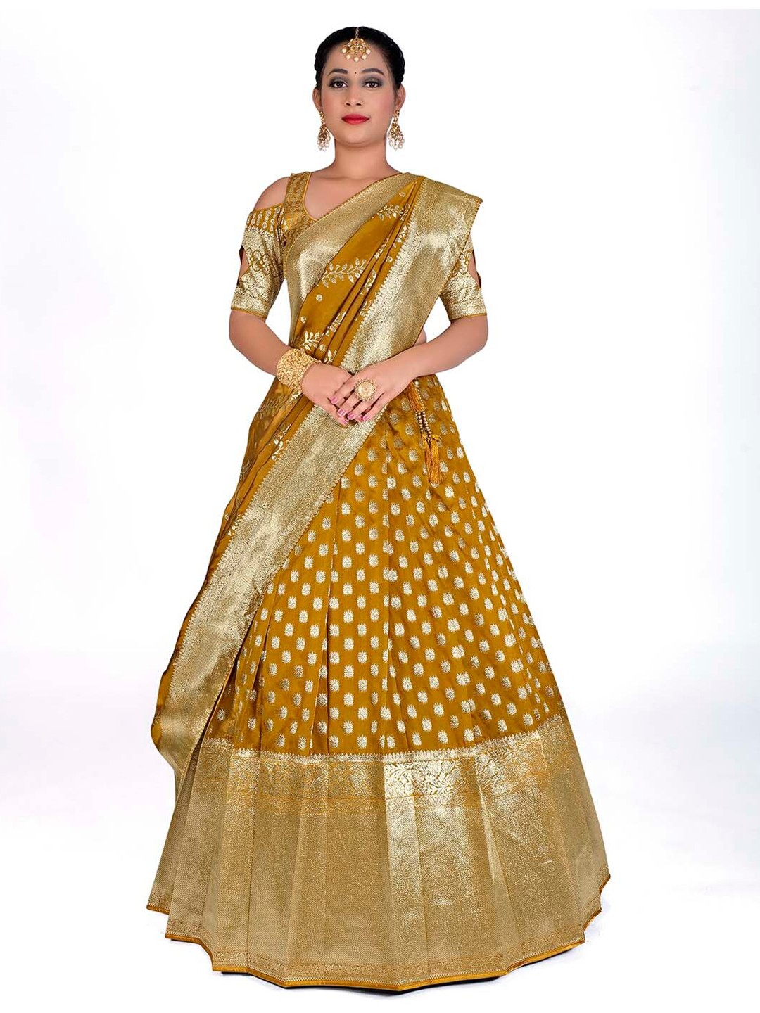 

HALFSAREE STUDIO Semi-Stitched Lehenga & Unstitched Blouse With Dupatta, Mustard