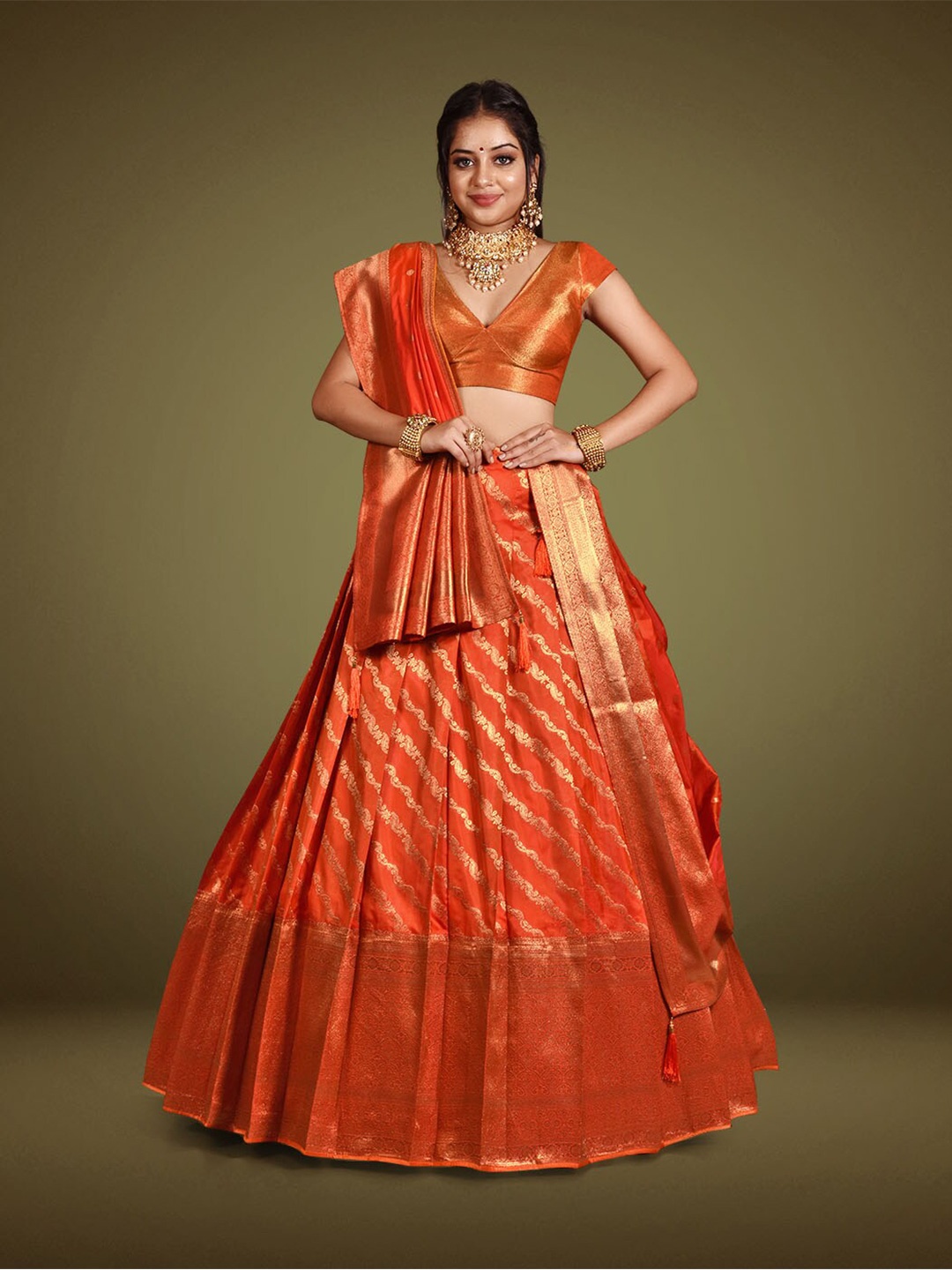 

HALFSAREE STUDIO Semi-Stitched Lehenga & Unstitched Blouse With Dupatta, Orange