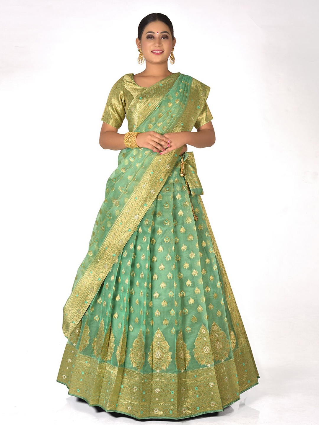 

HALFSAREE STUDIO Semi-Stitched Lehenga & Unstitched Blouse With Dupatta, Green