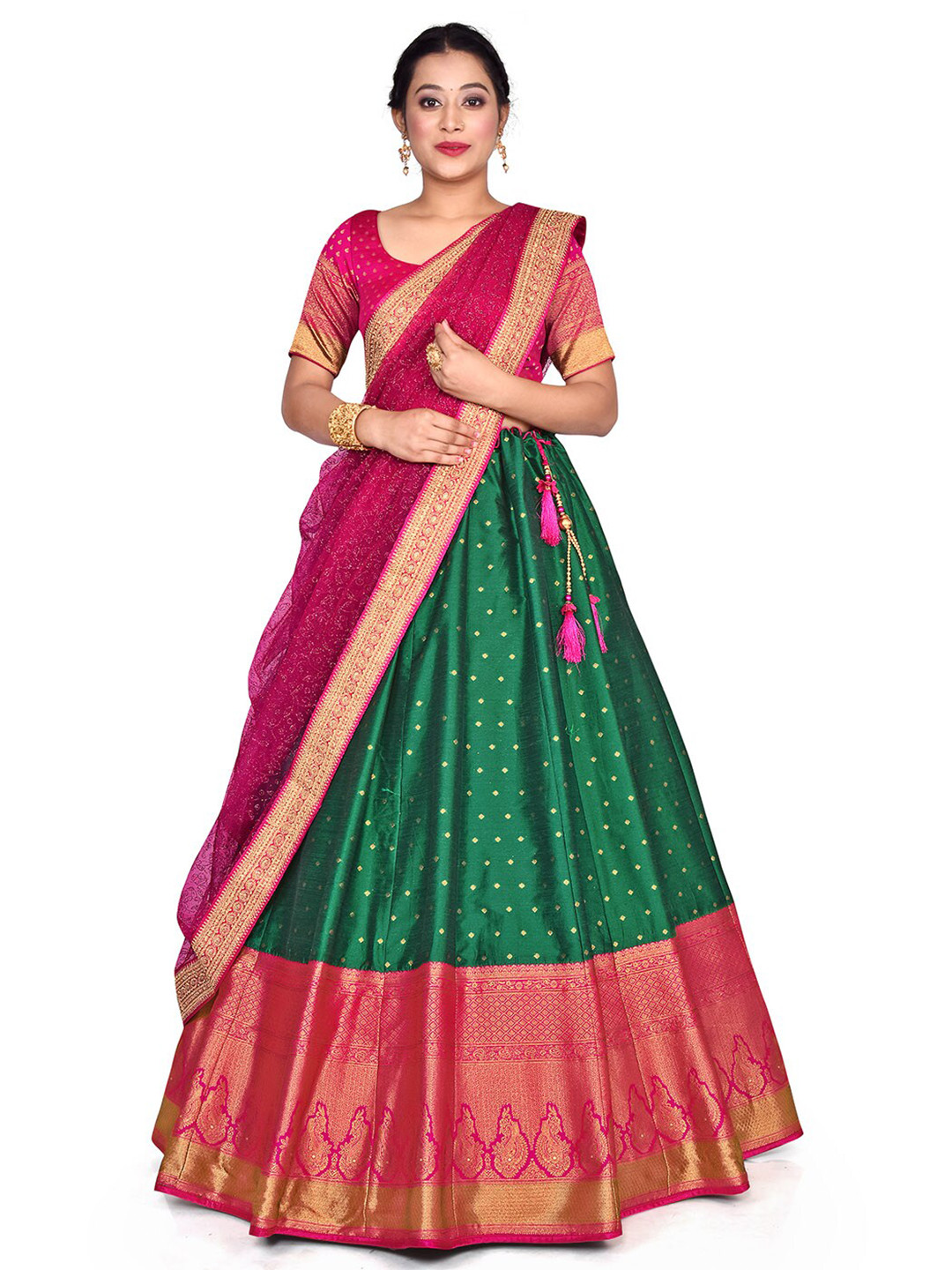 

HALFSAREE STUDIO Green & Pink Semi-Stitched Lehenga & Unstitched Blouse With Dupatta