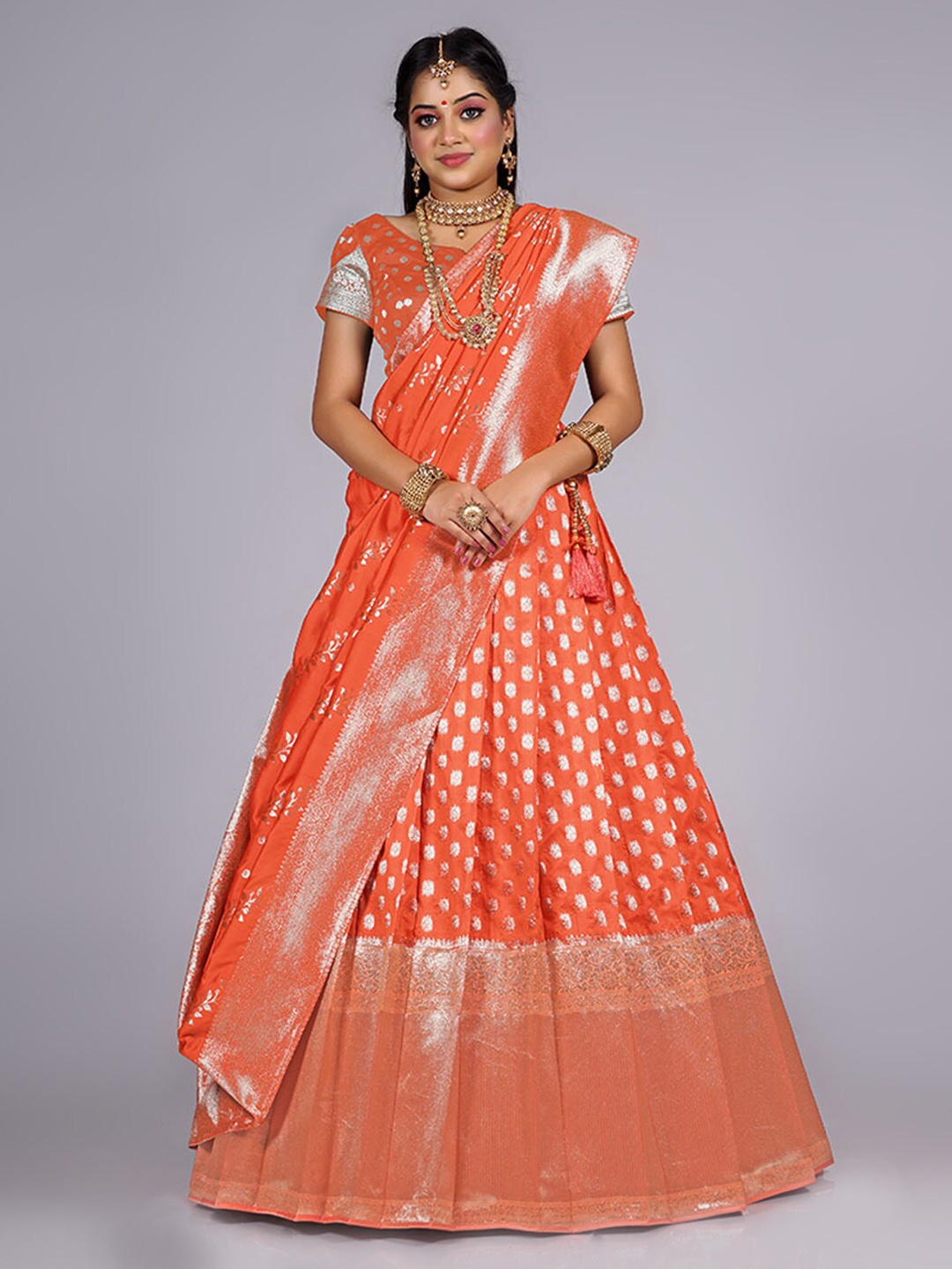 

HALFSAREE STUDIO Semi-Stitched Lehenga & Unstitched Blouse With Dupatta, Orange