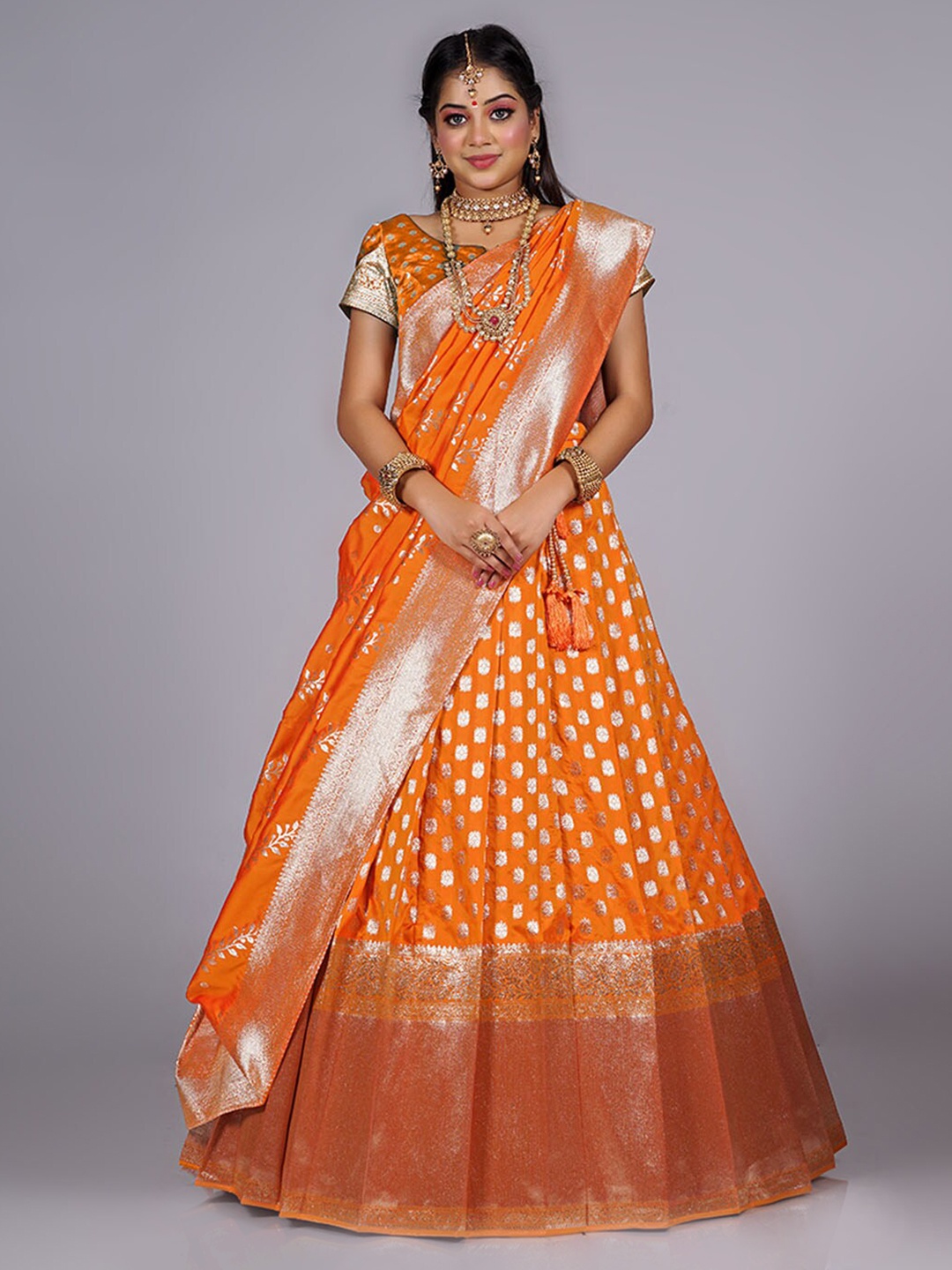 

HALFSAREE STUDIO Semi-Stitched Lehenga & Unstitched Blouse With Dupatta, Orange