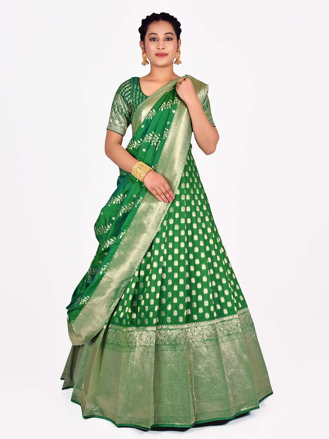 

HALFSAREE STUDIO Woven Design Zari Semi Stitched Lehenga & Unstitched Blouse With Dupatta, Green