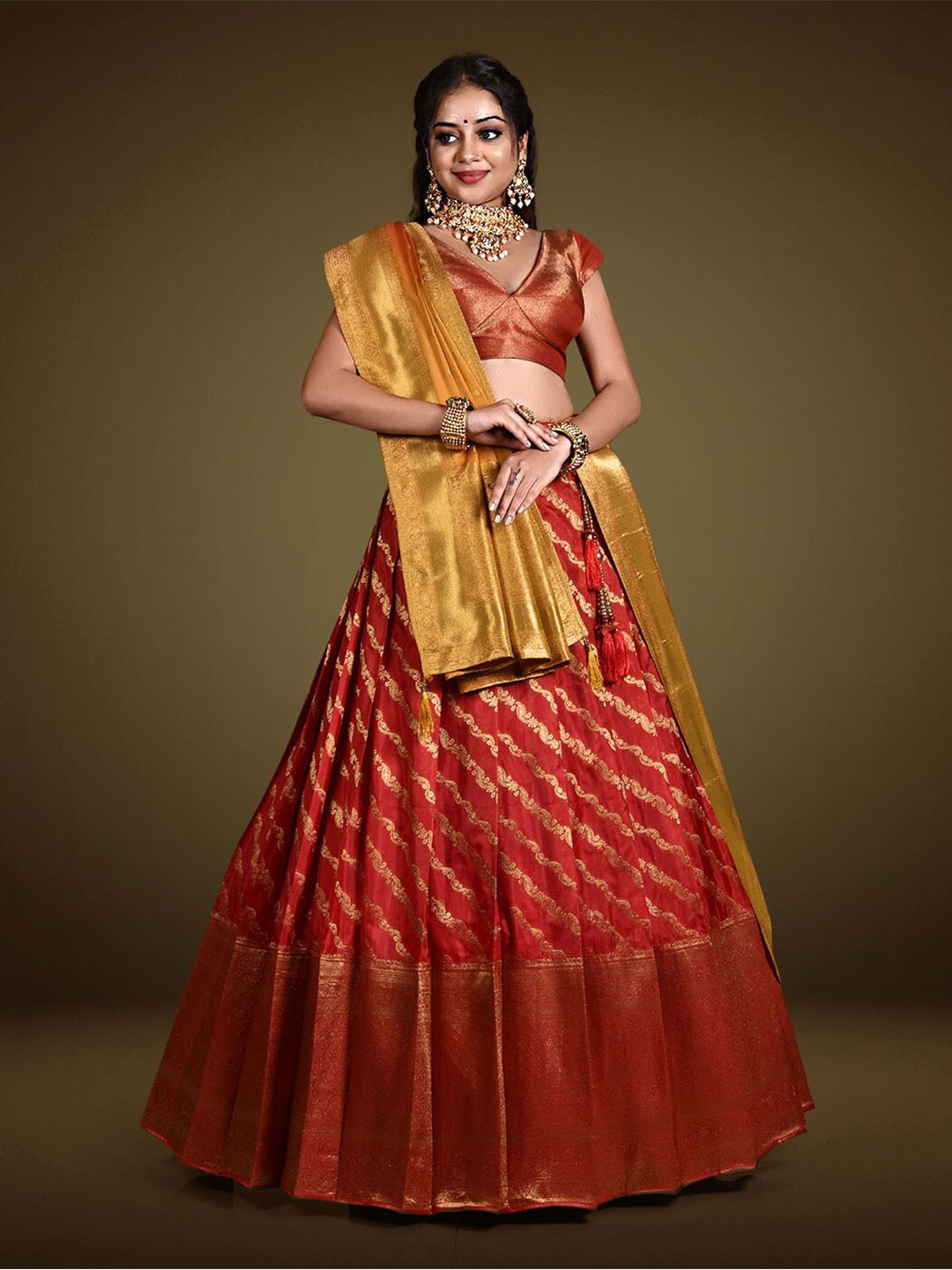 

HALFSAREE STUDIO Semi-Stitched Lehenga & Unstitched Blouse With Dupatta, Red