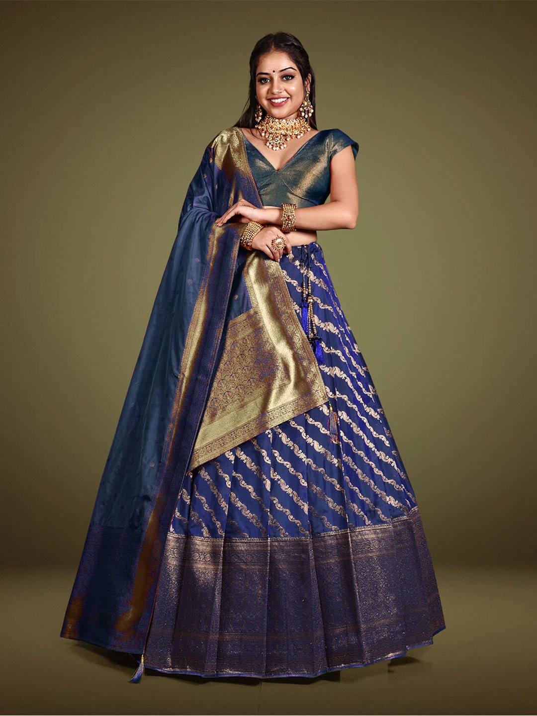

HALFSAREE STUDIO Semi-Stitched Lehenga & Unstitched Blouse With Dupatta, Blue