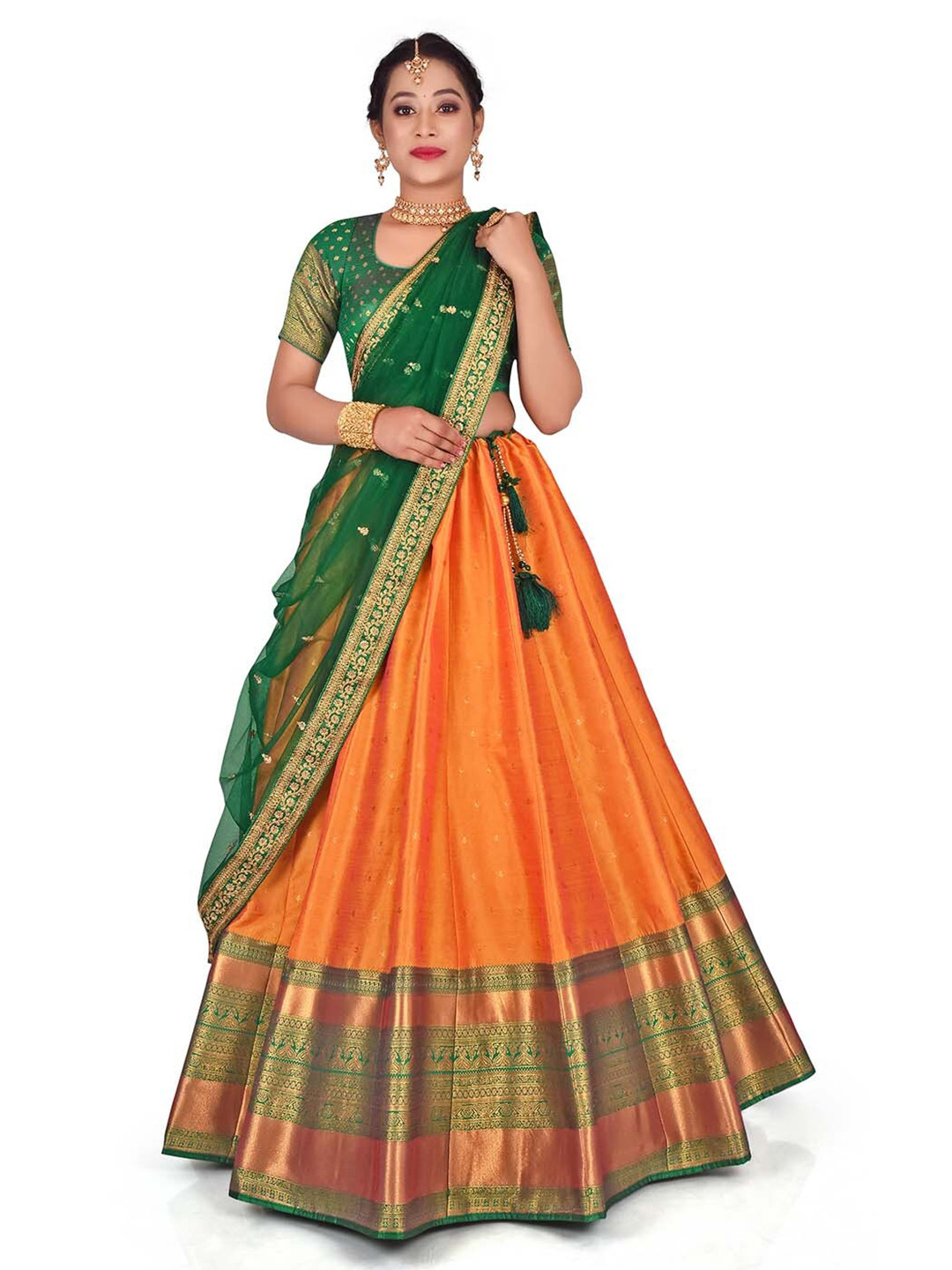 

HALFSAREE STUDIO Semi-Stitched Lehenga & Unstitched Blouse With Dupatta, Orange