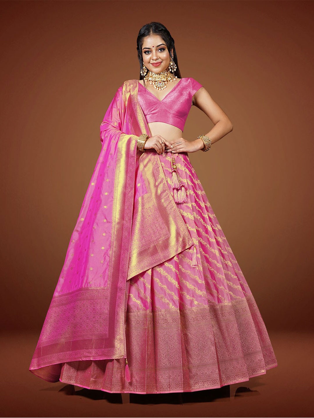 

HALFSAREE STUDIO Semi-Stitched Lehenga & Unstitched Blouse With Dupatta, Pink