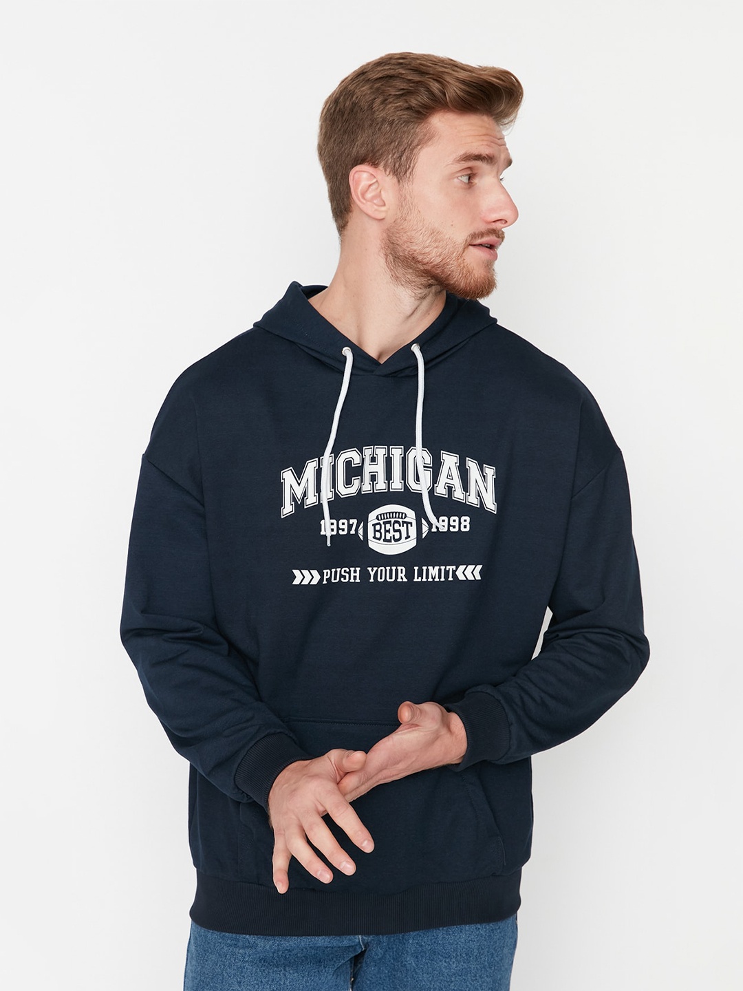 

Trendyol Typography Printed Hooded Pullover Sweatshirt, Navy blue