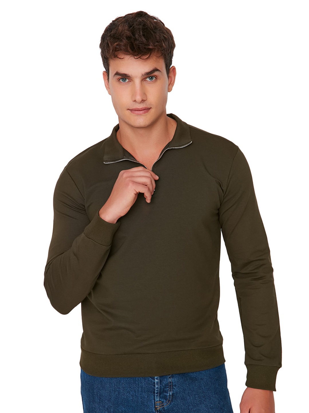 

Trendyol Shirt Collar Half Zip Pullover Sweatshirt, Green