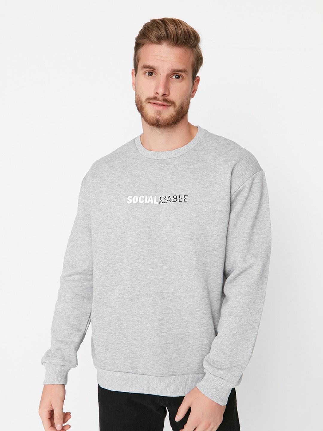 

Trendyol Round Neck Typography Printed Pullover Sweatshirt, Grey
