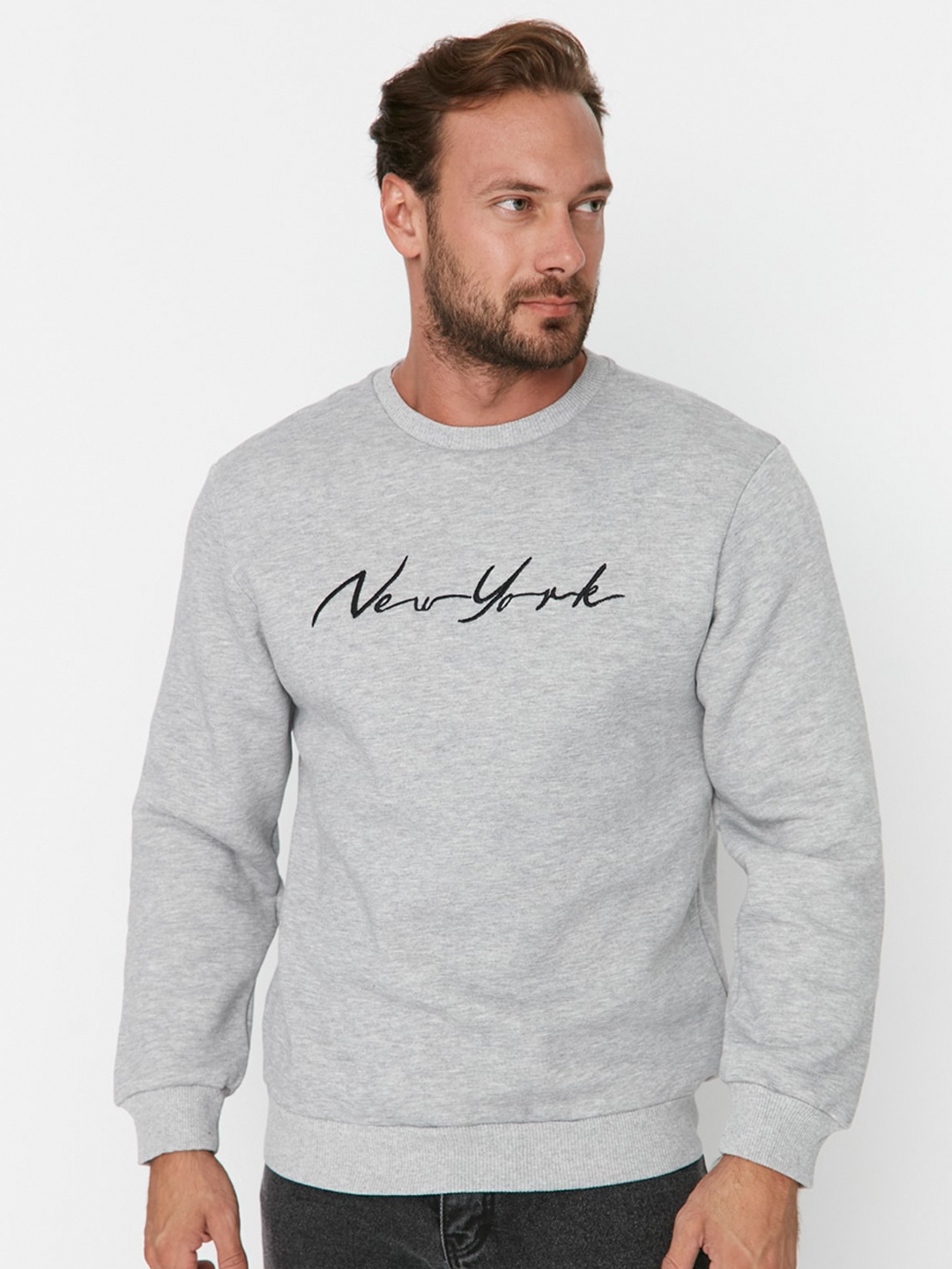 

Trendyol Typography Printed Round Neck Pullover Pure Cotton Sweatshirt, Grey