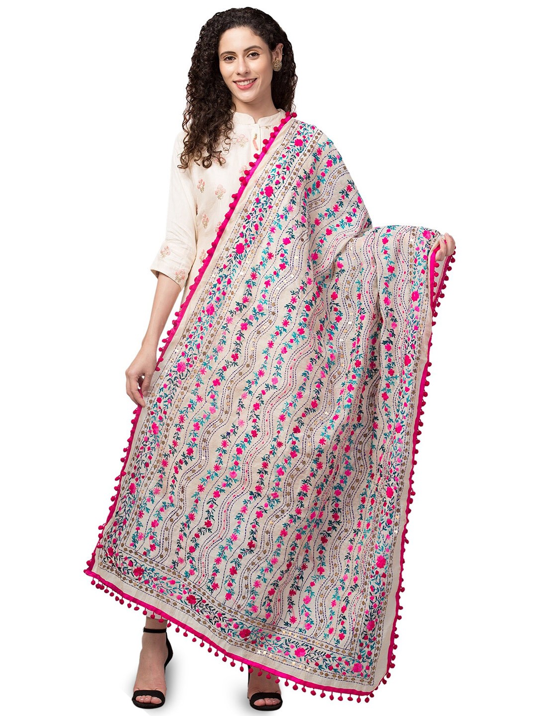 

Tweedle Embroidered Dupatta with Kantha Work, Pink