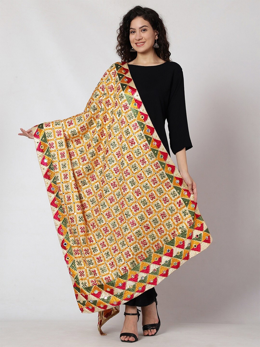 

Tweedle Ethnic Motifs Embroidered Art Silk Dupatta with Phulkari, Beige