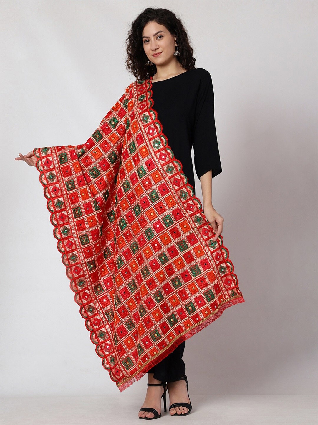 

Tweedle Ethnic Motifs Embroidered Art Silk Dupatta with Phulkari, Red