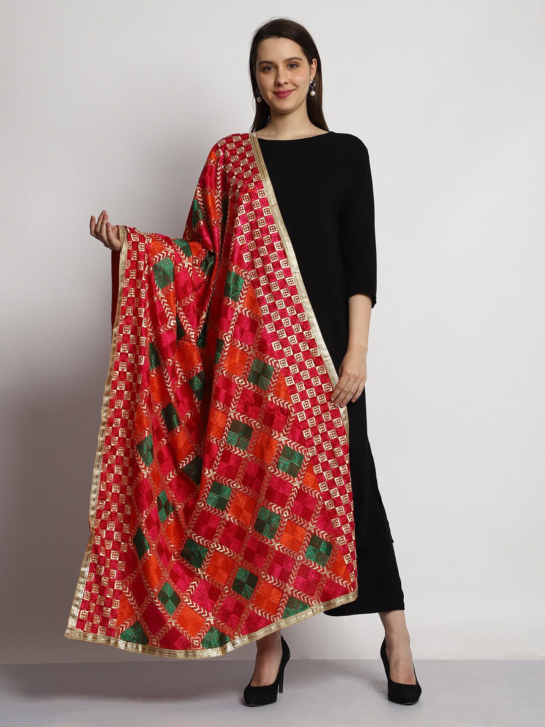 

Tweedle Ethnic Motifs Embroidered Art Silk Dupatta with Phulkari, Pink