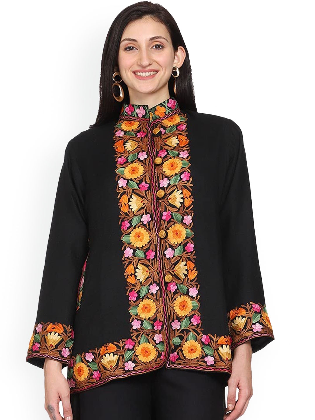 

CRAFTBAZAR Floral Printed Mandarin Collar Embroidered With Open Front Jacket, Black