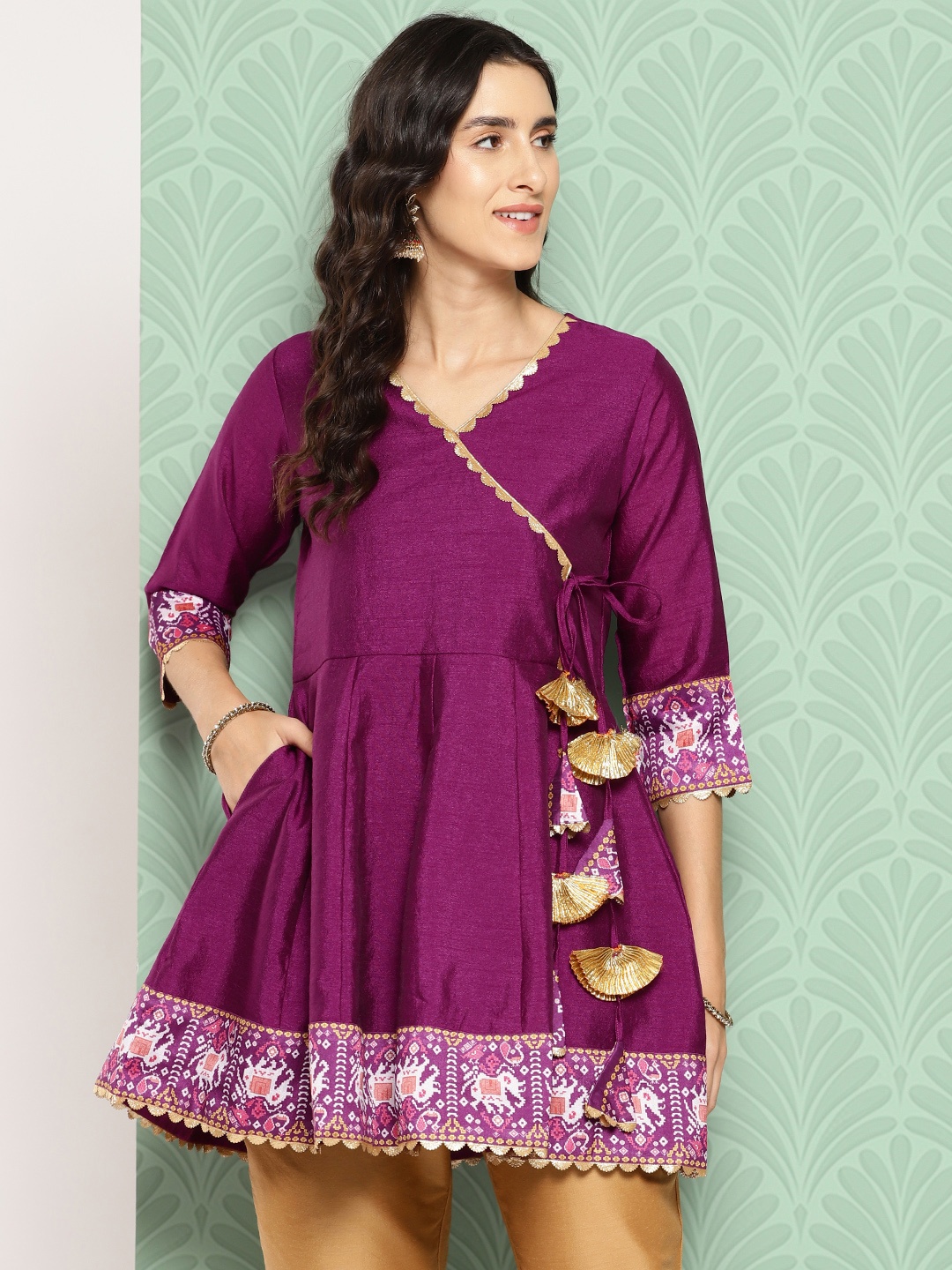 

Ahalyaa Ethnic Motifs Printed Gotta Patti Angrakha Kurti, Purple
