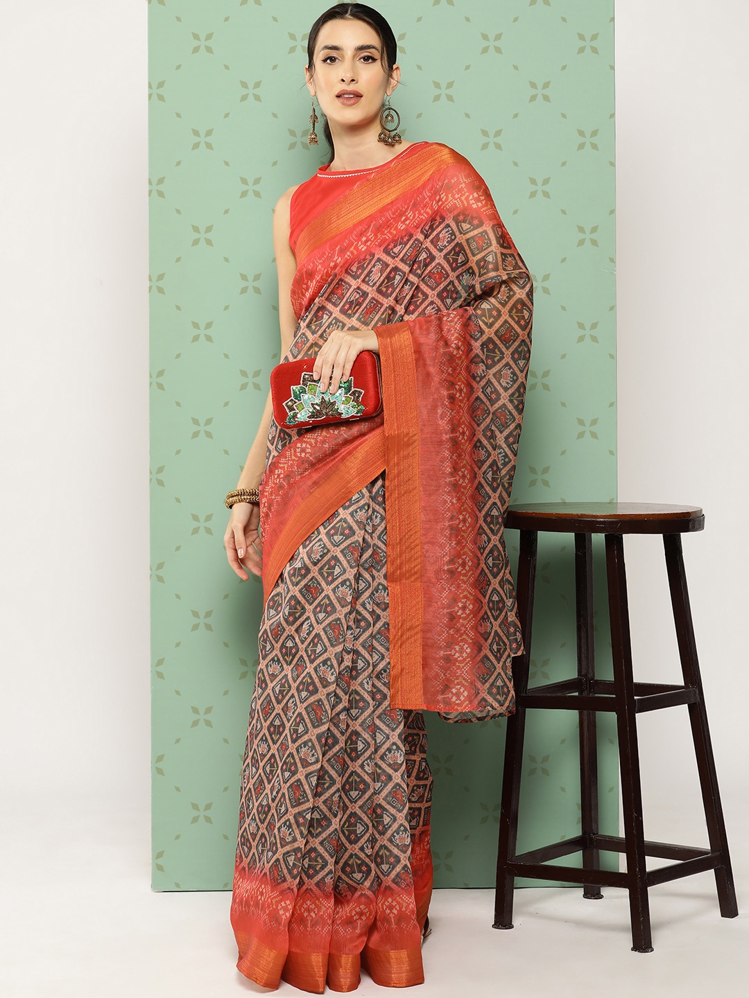 

Ahalyaa Ethnic Motifs Printed Chanderi Zari Saree, Green