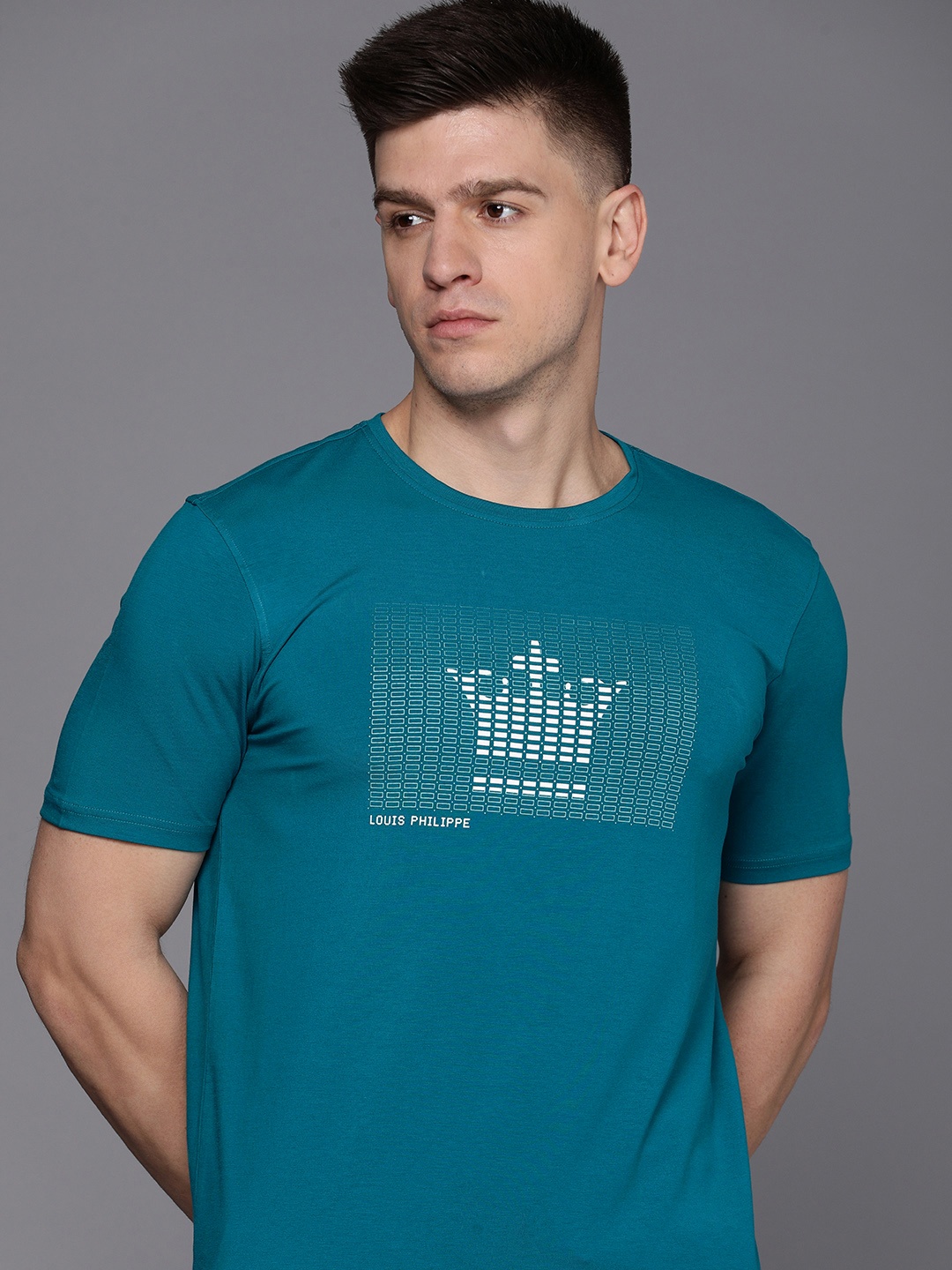 

Louis Philippe ATHPLAY Graphic Printed Applique Slim Fit T-shirt, Teal