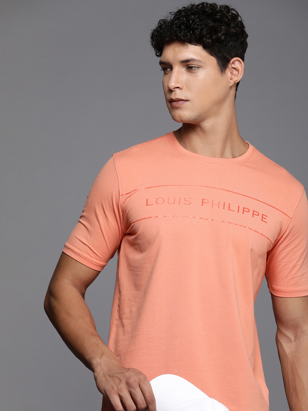 

Louis Philippe ATHPLAY Brand Logo Printed Slim Fit T-shirt, Peach