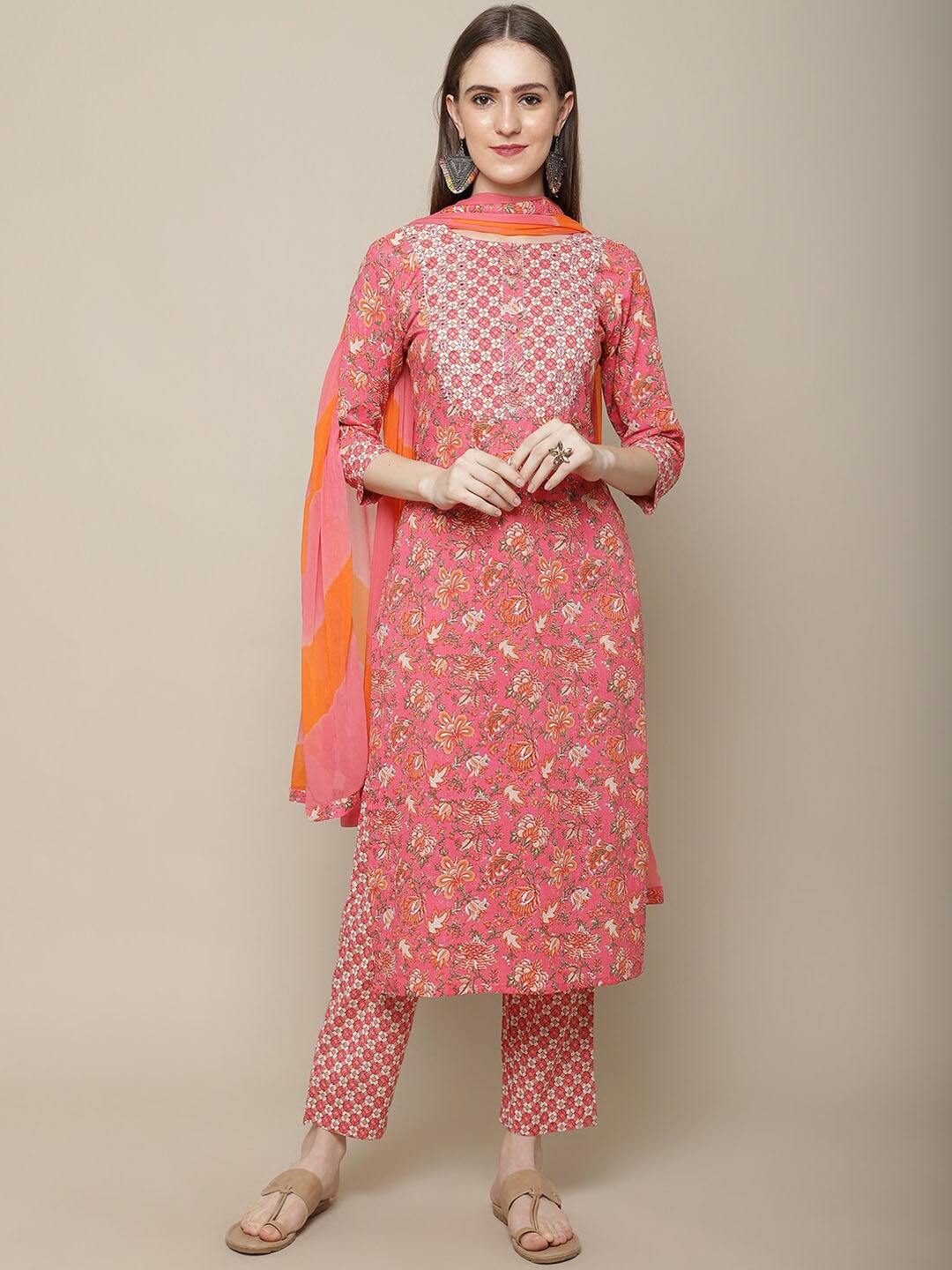 

Sangria Floral Printed Pure Cotton Straight Kurta With Trousers & Dupatta, Pink