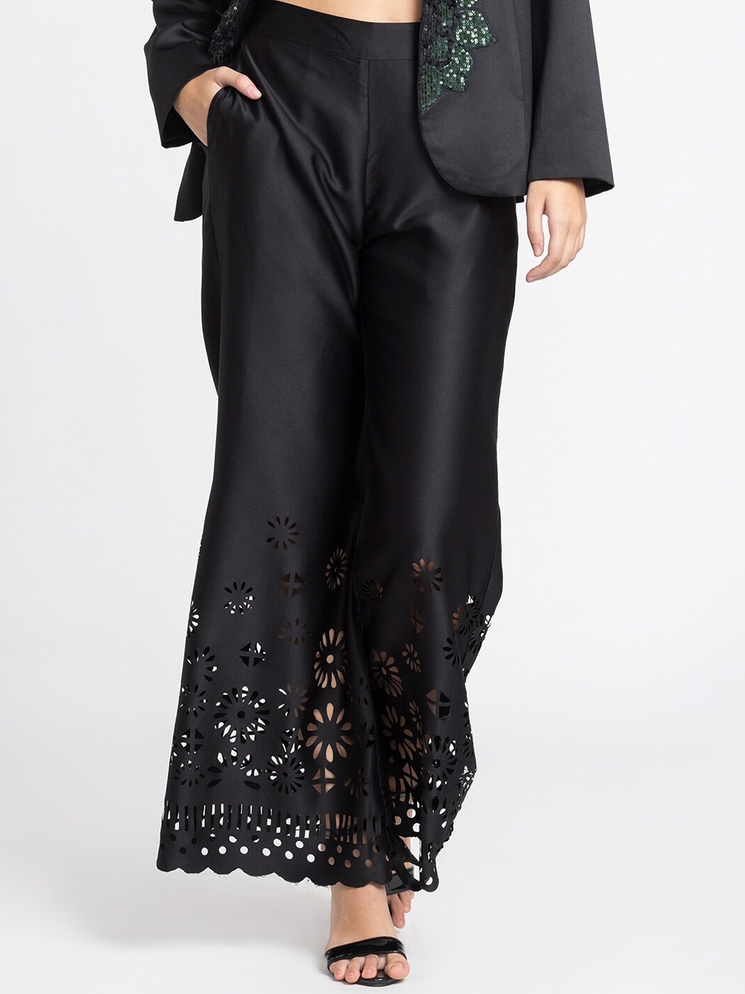 

SHAYE Women Black Smart Flared Trousers