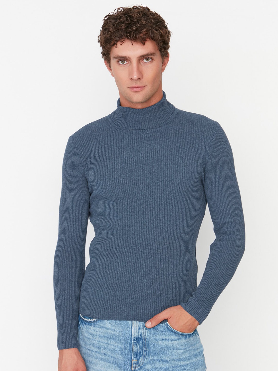 

Trendyol Turtle Neck Ribbed Cotton Pullover Sweater, Blue