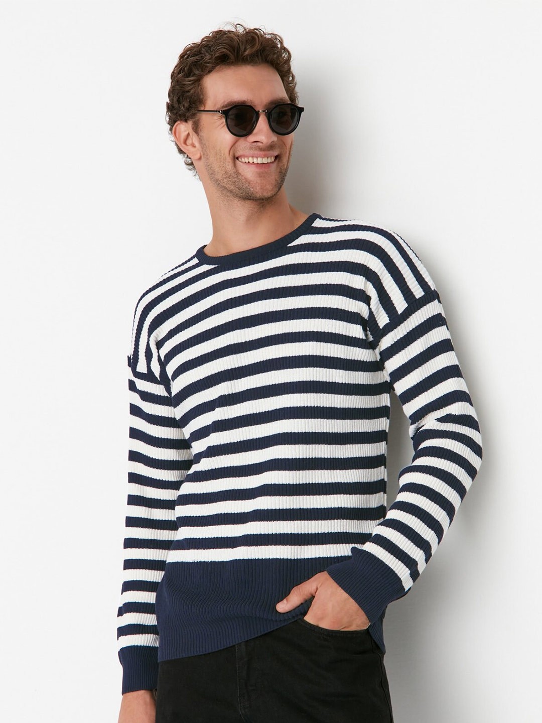 

Trendyol Striped Ribbed Cotton Pullover Sweater, Black
