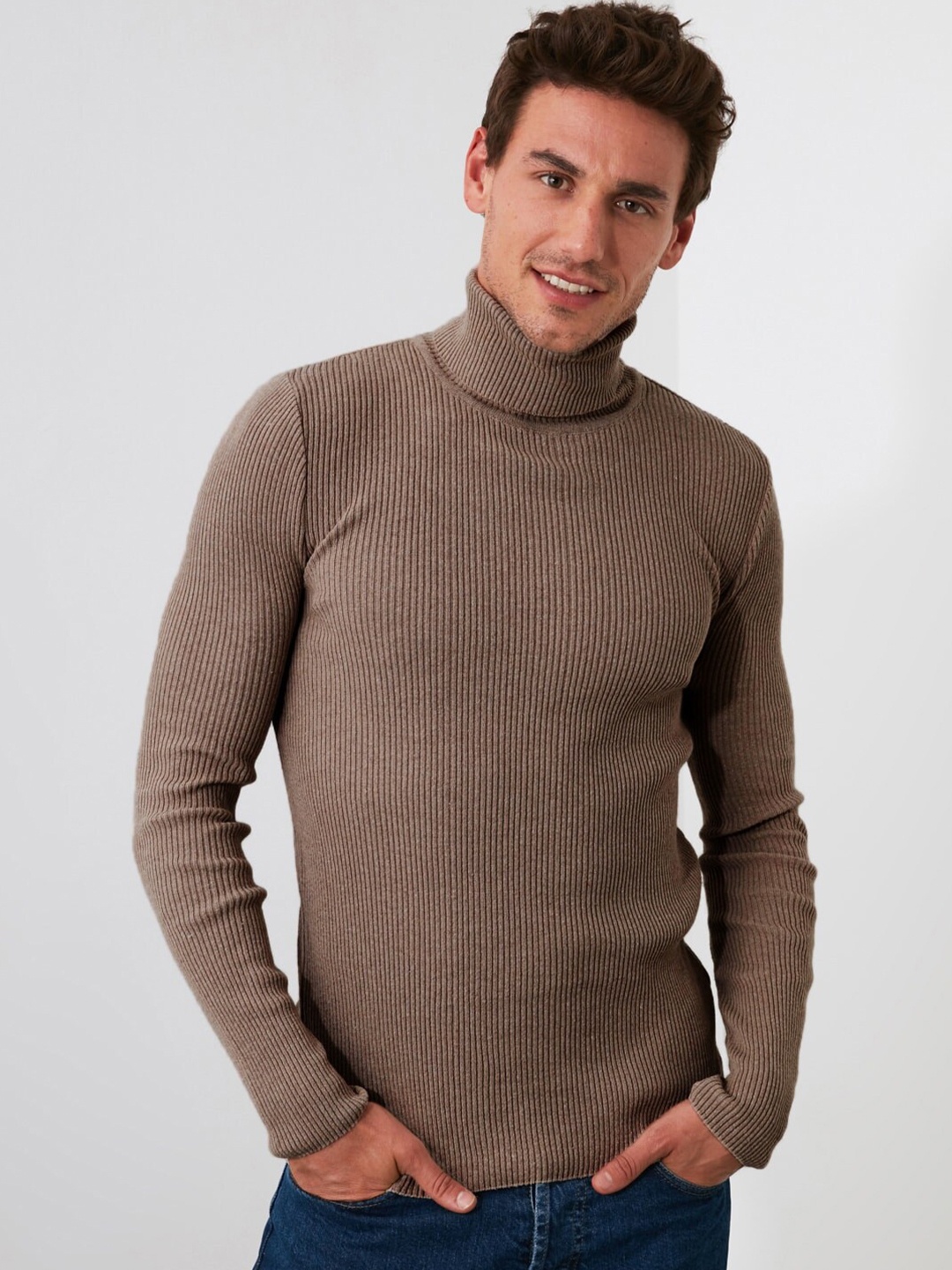 

Trendyol Turtle Neck Cotton Ribbed Pullover Sweater, Brown
