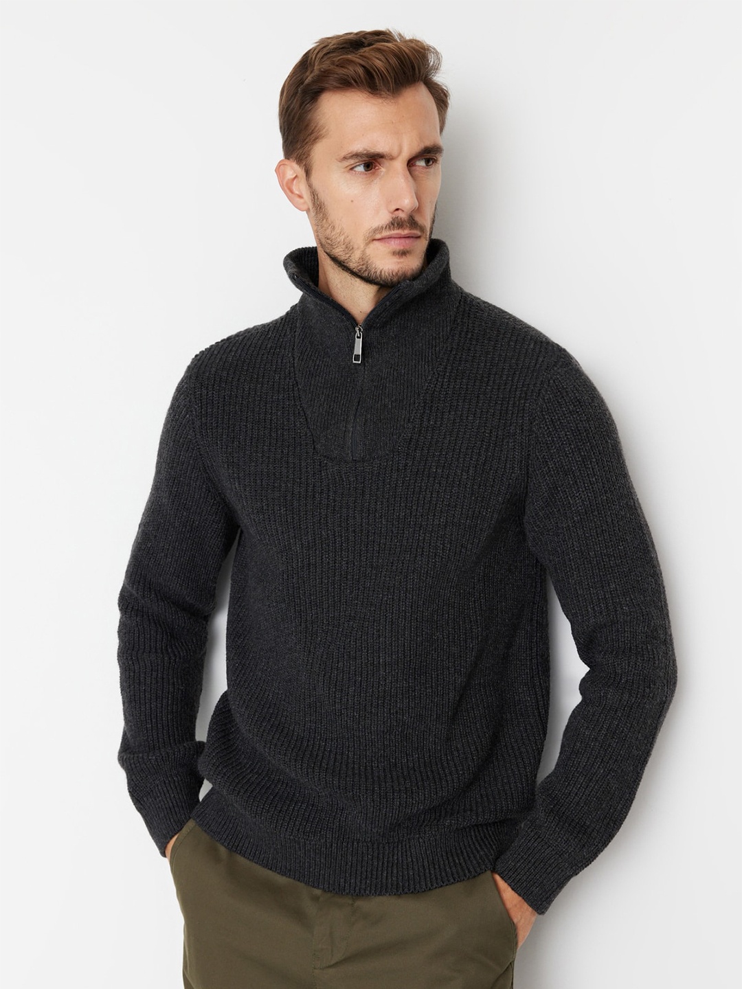 

Trendyol Mock Collar Ribbed Cotton Pullover Sweater, Black