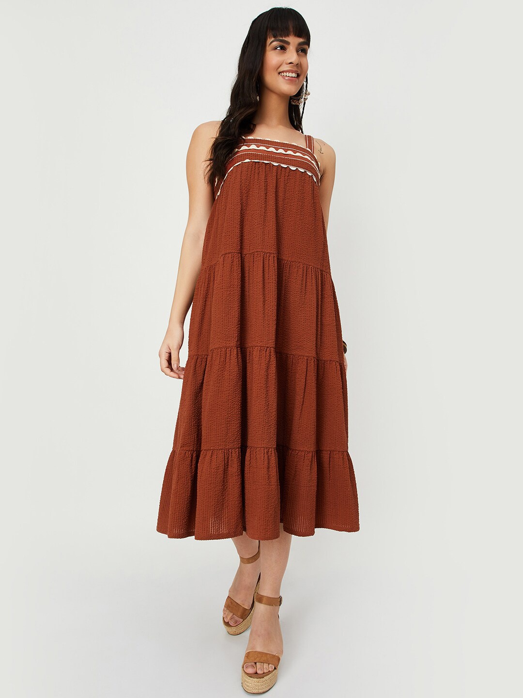 

max Shoulder Straps Tiered Pure Cotton A-Line Midi Dress, Rust