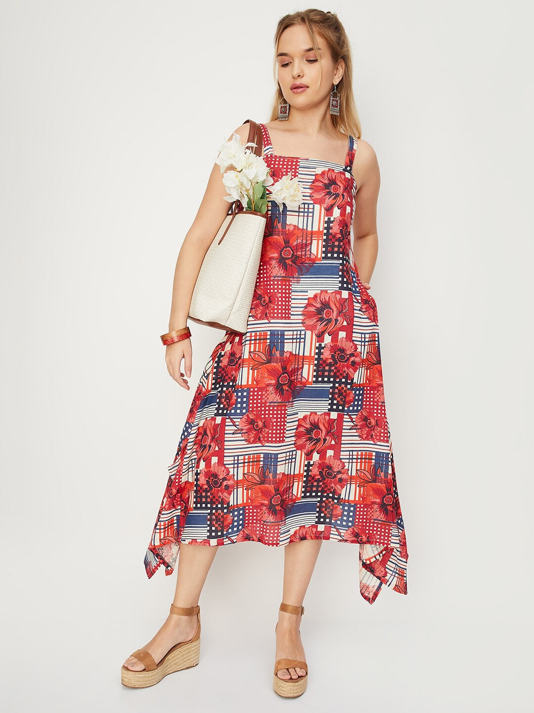 

max Floral Printed Asymmetric Hem A-Line Midi Dress, Off white