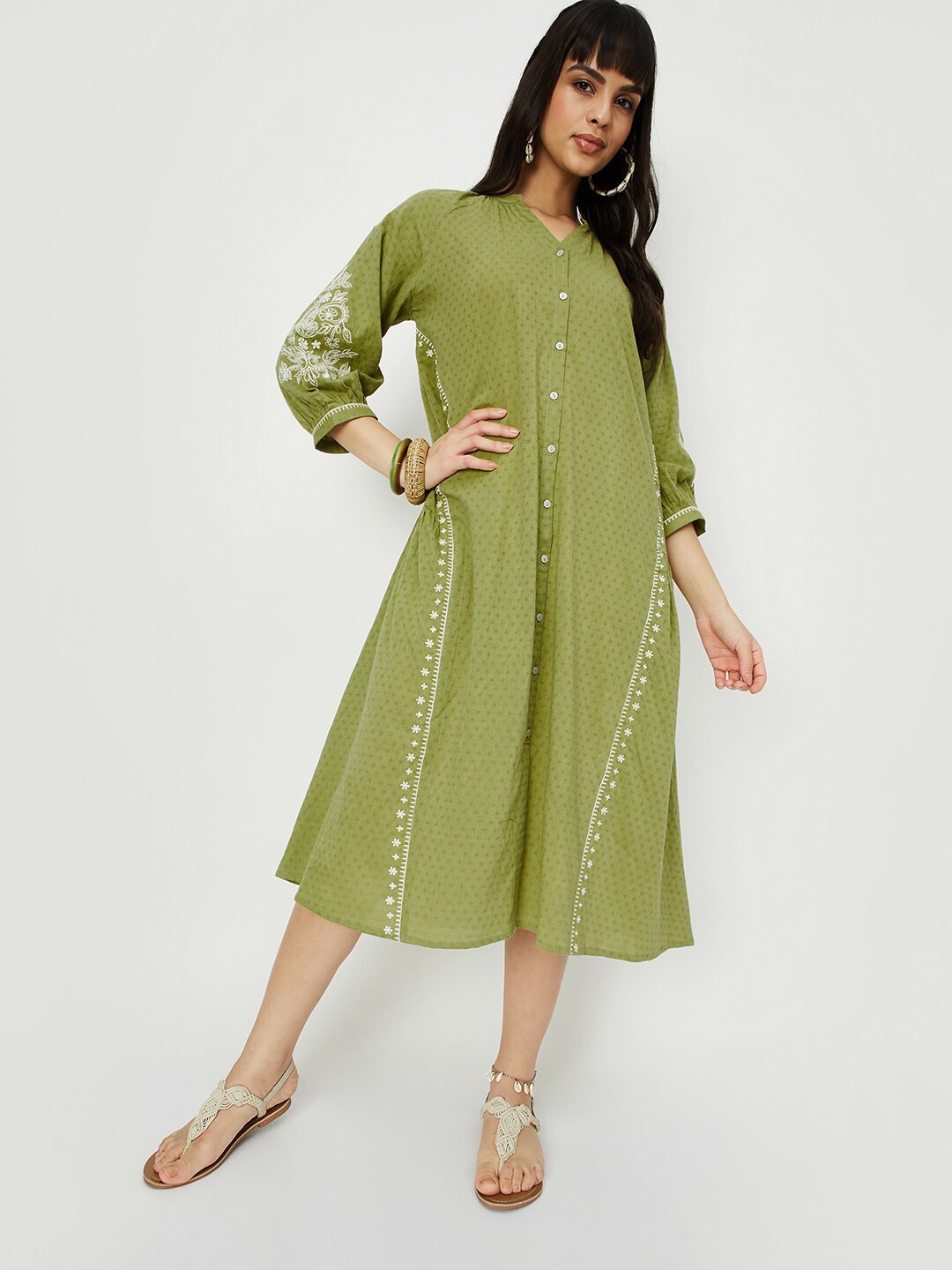 

max Ethnic Motifs Embroidered Mandarin Collar Shirt Dress, Green