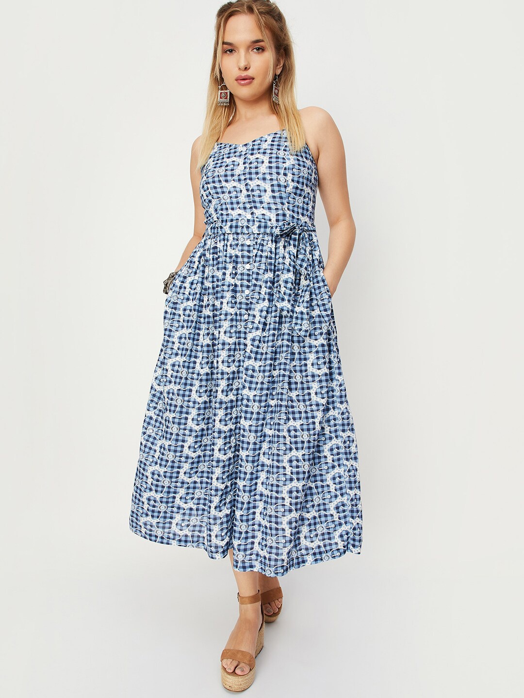 

max Checked Shoulder Straps Tie-Ups A-Line Midi Dress, Blue