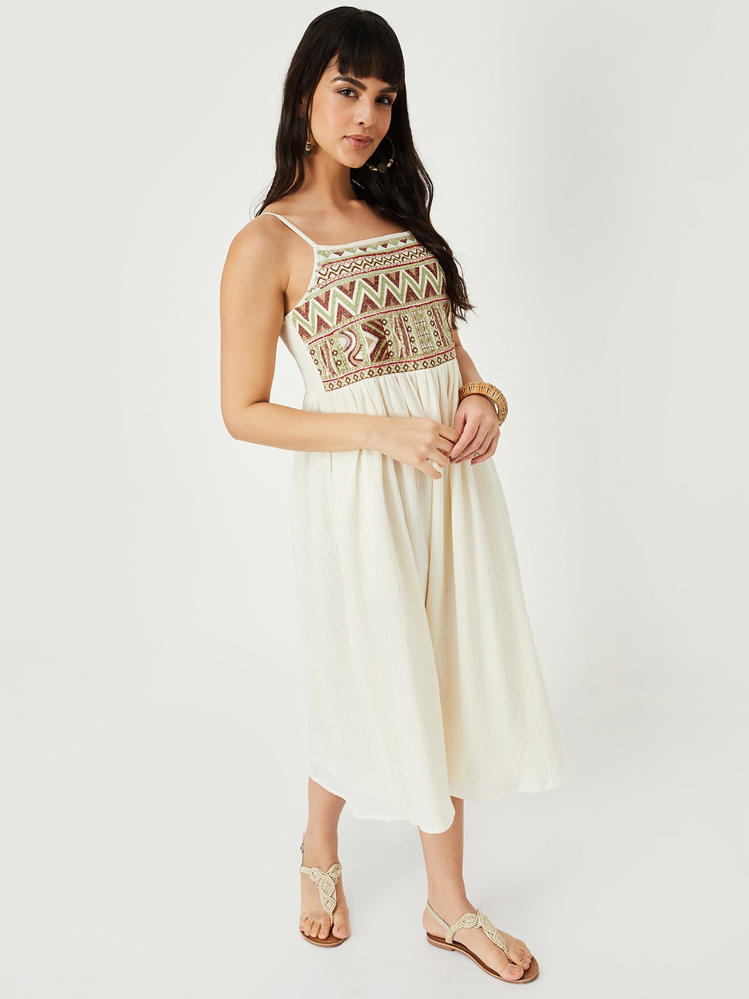 

max Geometric Embroidered Shoulder Straps A-Line Dress, Nude